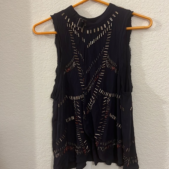 Free People navy blue beaded sleeves less & open back, snap & buckle collar top. - Picture 5 of 10